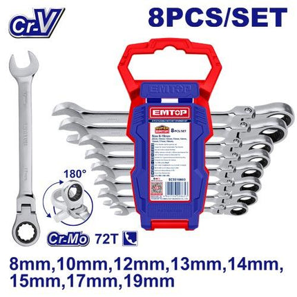 EMTOP 8 Pc Flexible Ratchet Spanner Set