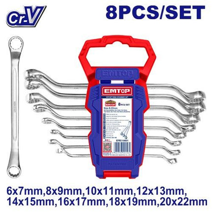 EMTOP 8 Pc Offset Ring Spanner Set