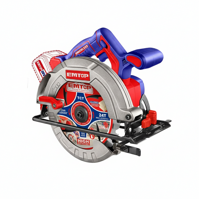 EMTOP 185mm Cordless Circular Saw (Body Only) Brushless Motor, 4800RPM, Max. Cutting Depth 65mm (90°) ELCS1851