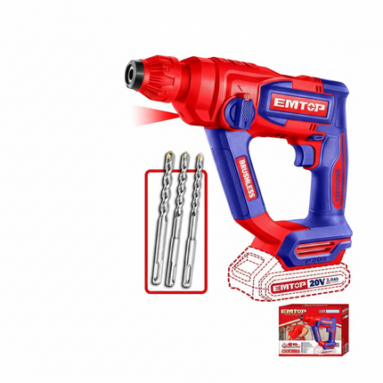 EMTOP Cordless Rotary Hammer Drill 18mm (Body Only) Brushless Motor, 850RPM, 1.8J ELRH20188