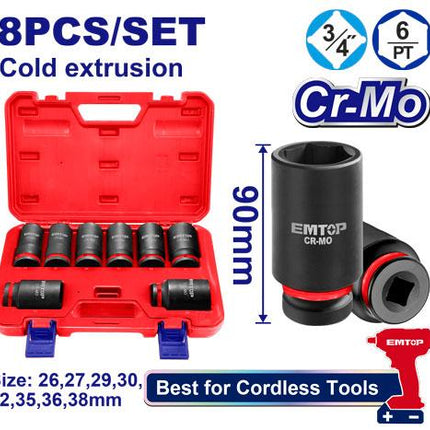 EMTOP 8 Pc 3/4"DR Deep Impact Socket Set