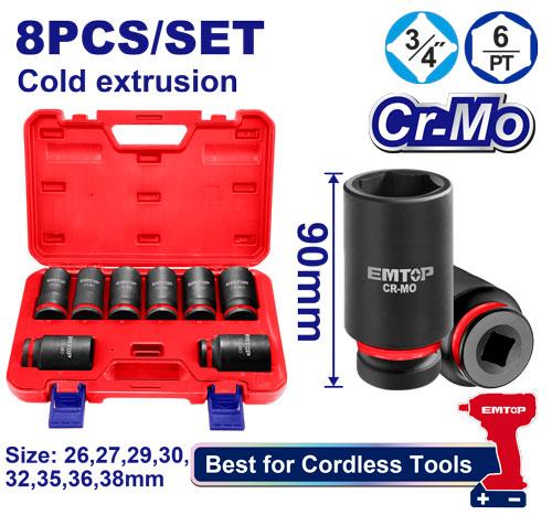 EMTOP 8 Pc 3/4"DR Deep Impact Socket Set
